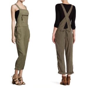 Free People Linen Cargo Jumpsuit Overalls Small Earthy Green